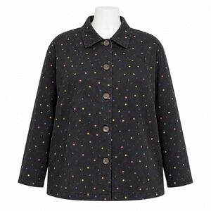 Life Style Woman Button Front Jacket Women 3X Black Multi Embroidered Chore Coat